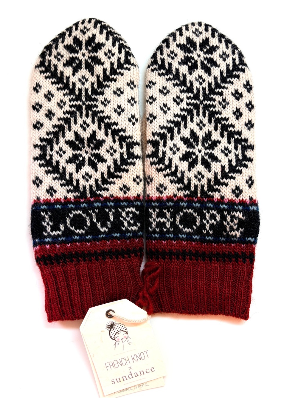 French Knot x Sundance Wool Mittens Hand Knit Fair Isle Snowflake Nepal NWT